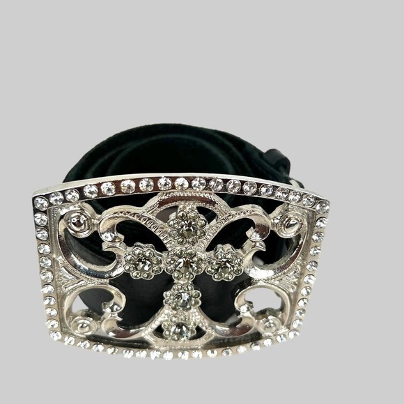 Bebe Cross Buckle Black Leather Belt Rhinestone Studded Women's Size S/M - Picture 4 of 14